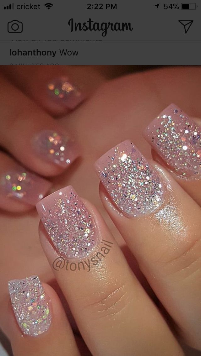 Elegant Square-Shaped Nude Nails with Shimmering Glitter Accent.