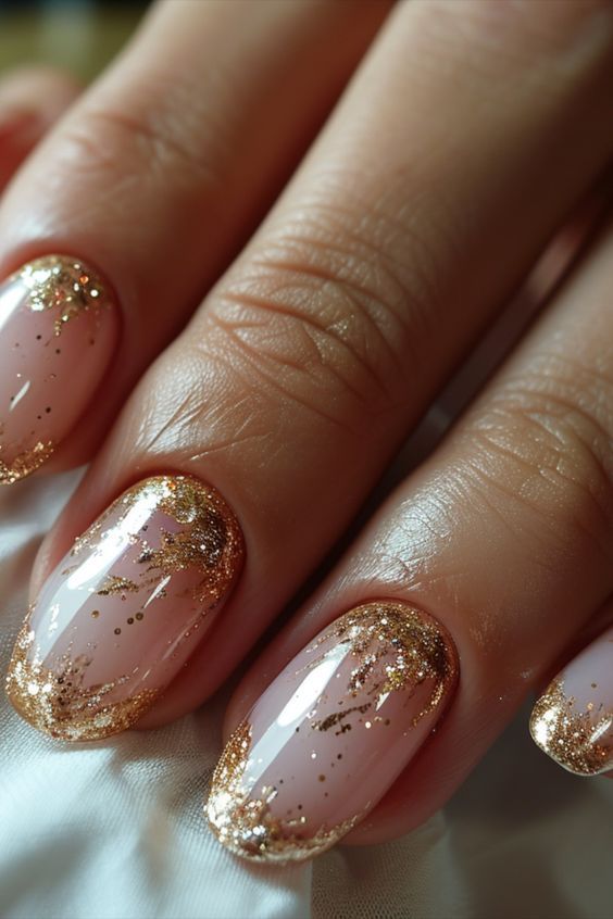 Chic Nude Ombre Nail Design with Shimmering Gold Accents