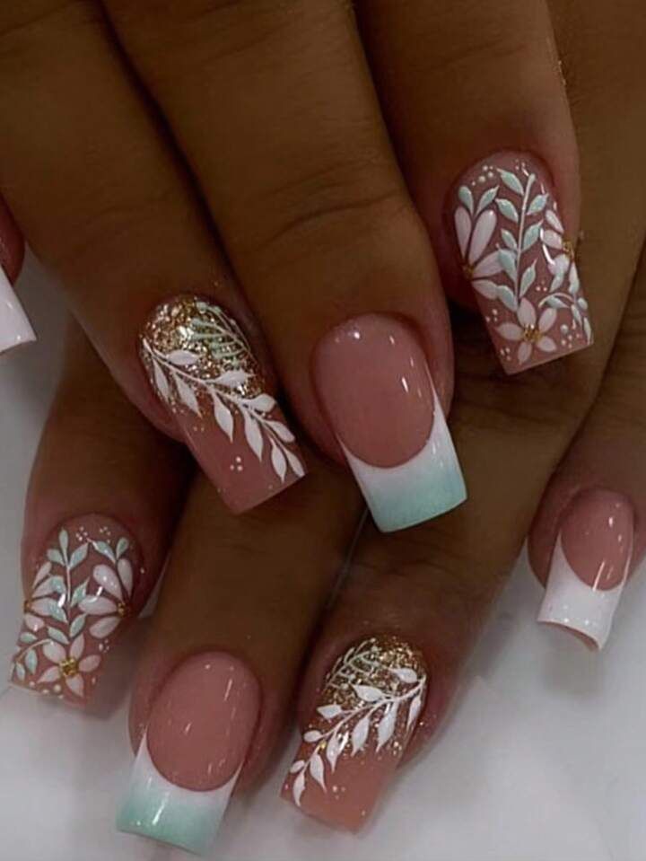 Chic Soft Pink and Mint Green Nail Art with Floral Patterns and Gold Accents