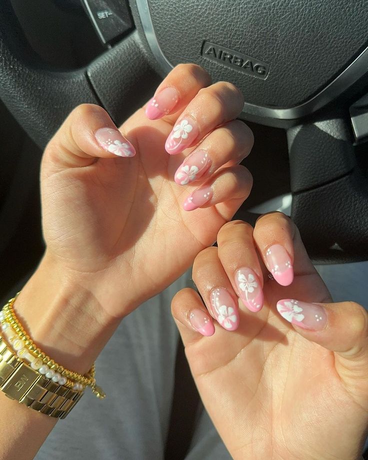 Charming Pink Ombre Nails with Elegant White Floral Designs