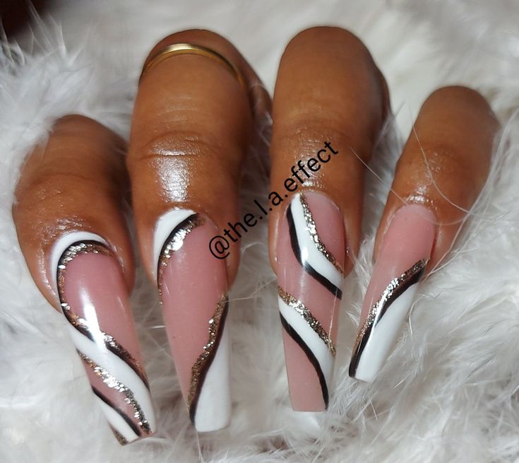 Elegant Almond-Shaped Nail Design with Soft Pink, White, and Black Accents & Metallic Gold Swirls.