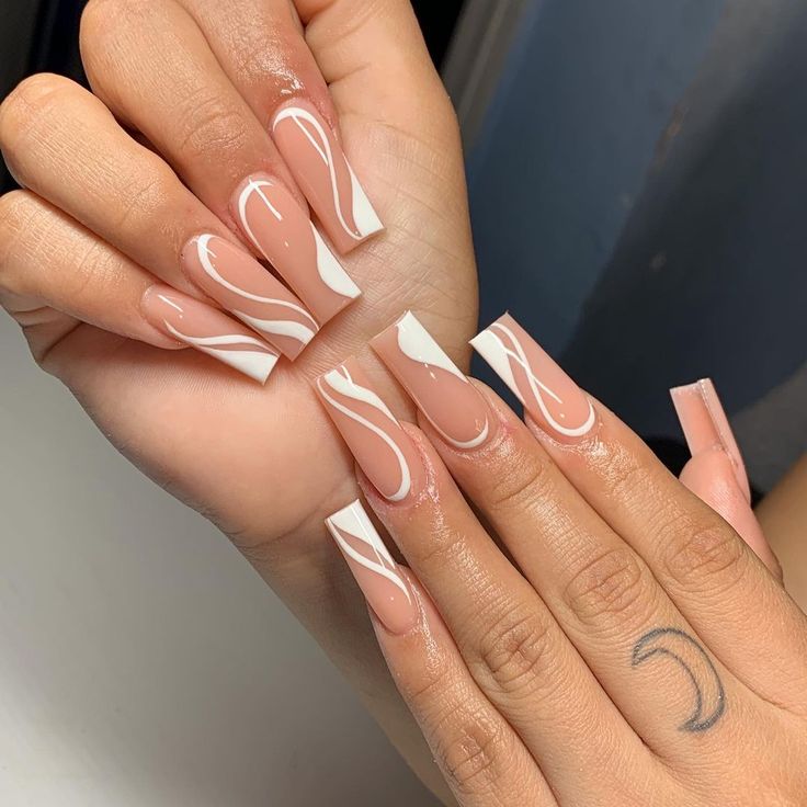 Sophisticated Almond-Shaped Nails with Minimalist White Swirls on Soft Nude Base