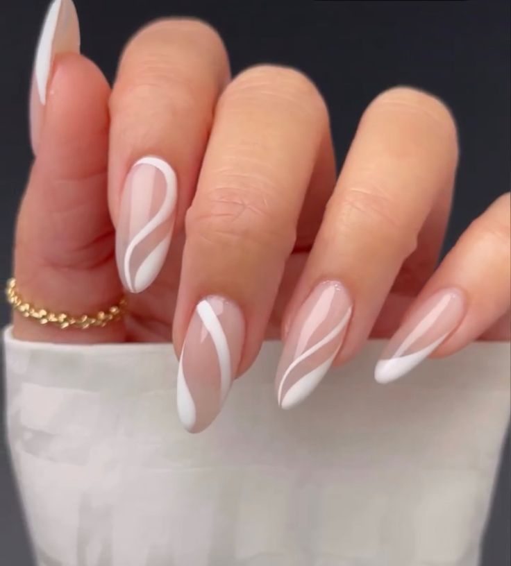 Elegant Nude Nail Design with Delicate White Waves for an Understated Modern Look.