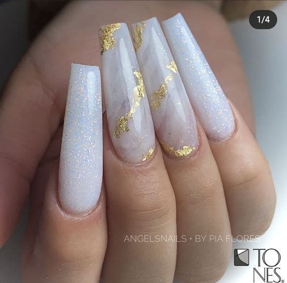 Chic Long Nails: Iridescent White and Sheer Pink with Glamorous Gold Foil Accents.