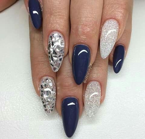 Elegant Navy and Shimmering Silver Nail Design for a Glamorous Look