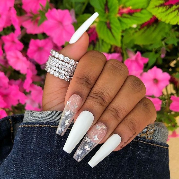 Chic Elegant Long Nails with Glossy White, Shimmering Gradient, and Delicate Silver Stars.