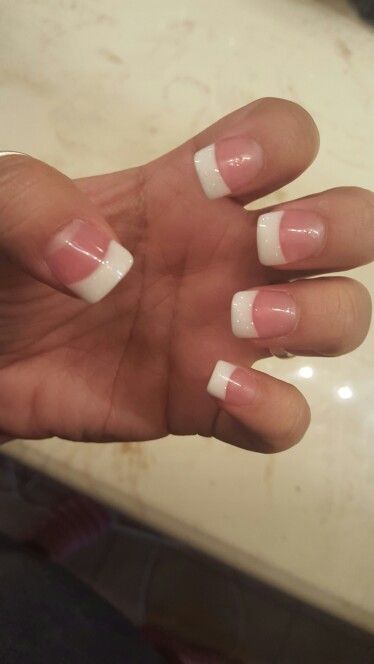 Elegant French Manicure: Pink Base with Sparkling White Tips for Versatile Style