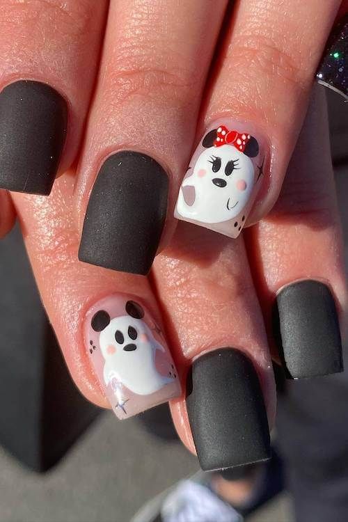 Whimsical Matte Black and Glossy Nail Design with Adorable Panda and Mouse Accents