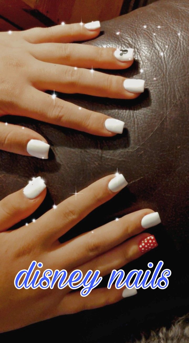 Chic Disney-Inspired Elegance: White Nail Design with Playful Red Polka Dot Accent