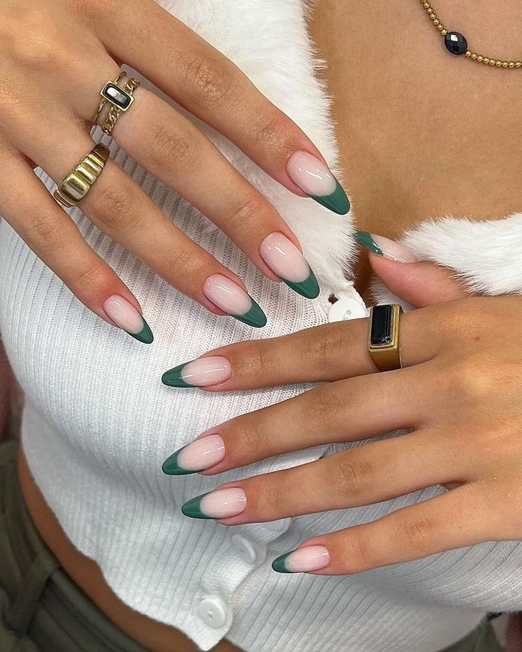 Chic Ombre Almond Nails: Soft Pink to Rich Green for a Modern Elegant Look.