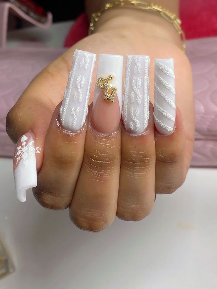 Chic Elegant White Nail Design with Intricate Textures and Glamorous Gold Accents