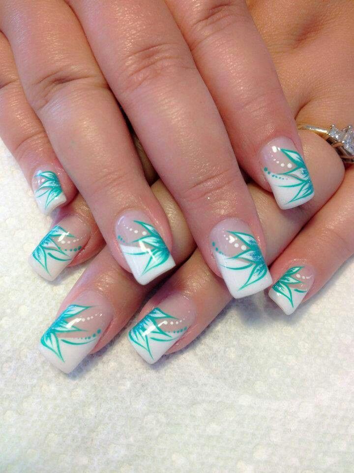 Elegant Nail Design with White Tips, Nude Base, and Turquoise Leaf Patterns