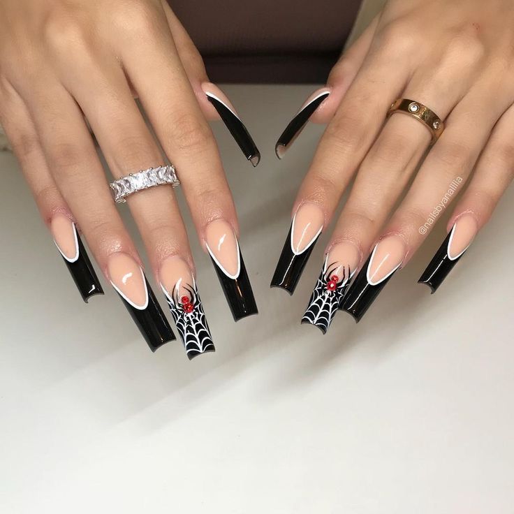 Chic Stiletto Nails: Black and Nude Palette with Red Spiderweb Accents