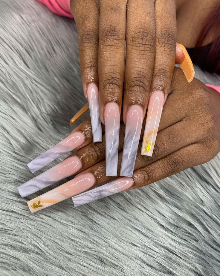 Chic Long Nails: Soft Pink and Marbled Gray with Elegant Floral Accents