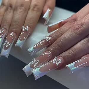 Elegant Long Square Nail Design with Butterfly Accents and Iridescent Finish.