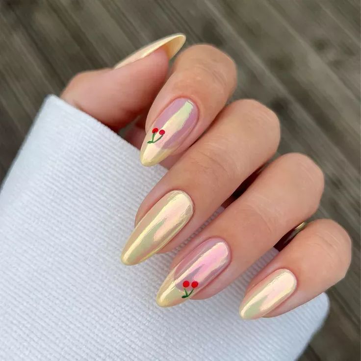 Chic Metallic Gold and Soft Pink Floral Nail Design with Glossy Finish.