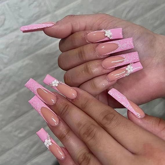 Elegant Long Square Nails with Soft Pink and Floral Accents.