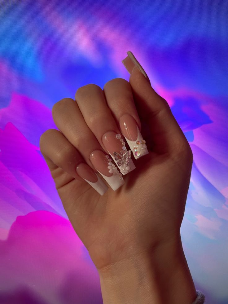 Chic Ombre Nail Design with Rhinestones and Butterfly Accents for Any Occasion