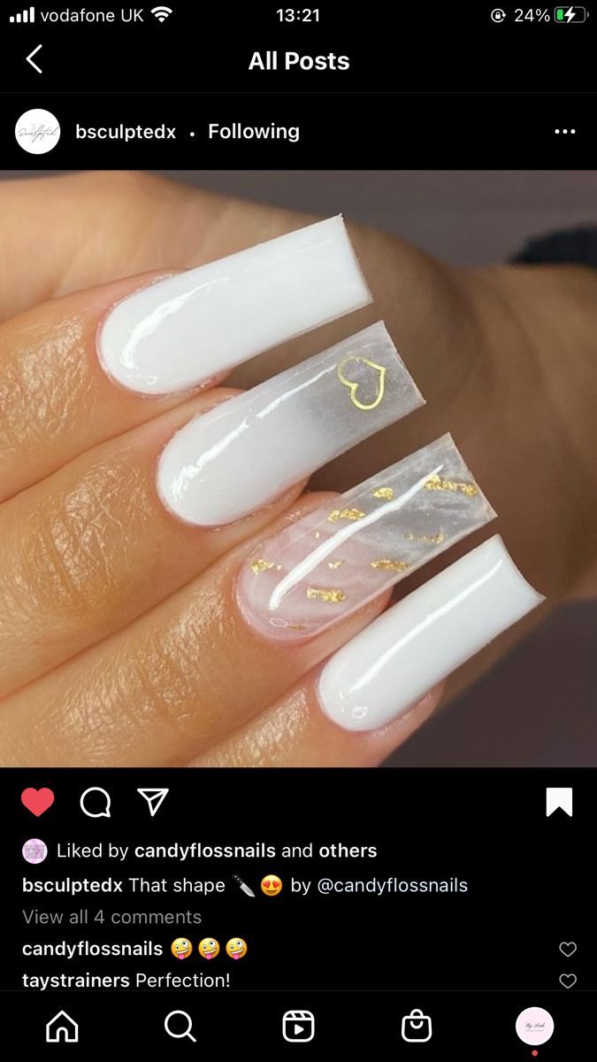 Chic Nail Design: Glossy White Tips with Transparent Accents and Glamorous Gold Stripes