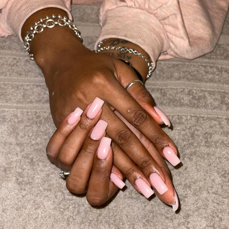 Chic Soft Pink Nails with Gradient and Square Shape: Understated Glamour Enhanced by Silver Jewelry