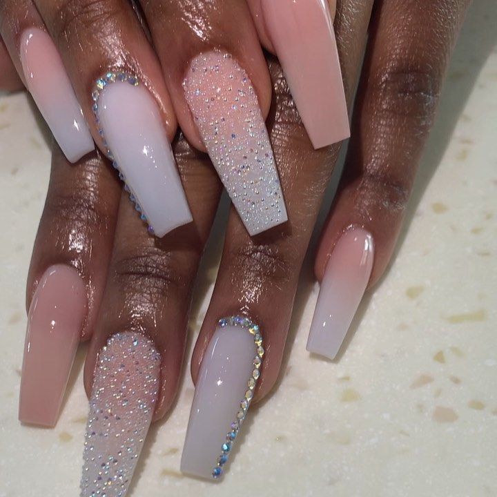 Elegant Gradient Nail Design with Soft Pastels and Sparkling Rhinestones.