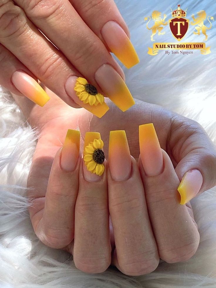 Cheerful Sunflower-Inspired Gradient Nail Design for a Vibrant Summer Look.