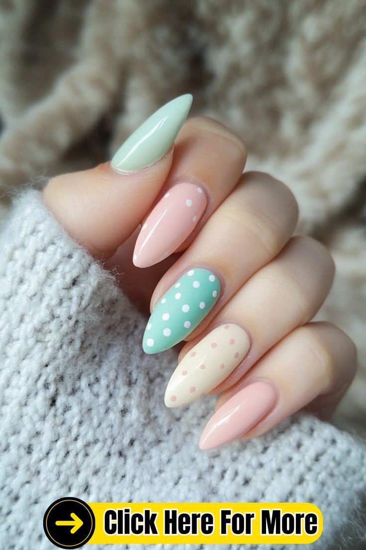 Whimsical Pastel Nail Design with Polka Dots and Elegant Pointed Shape