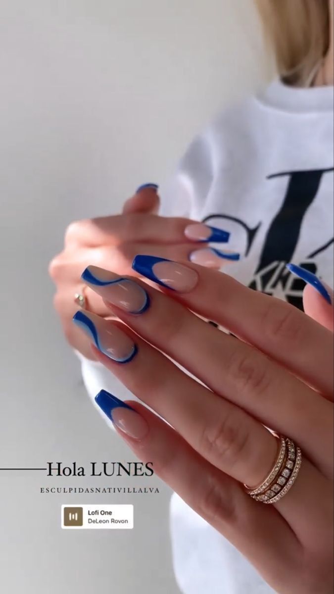 Modern French Tip Nail Design with Beige Base and Blue Edges