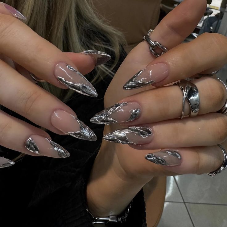 Bold Stiletto Nails Featuring Eye-Catching Metallic Design