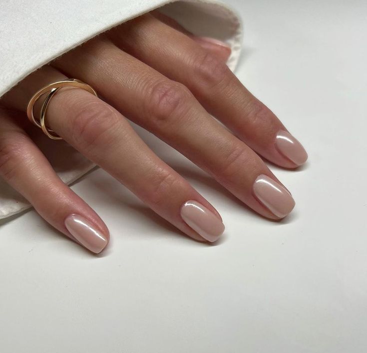 Sophisticated Elegant Nude Nails with Glossy Finish and Subtle Gold Ring Accent.