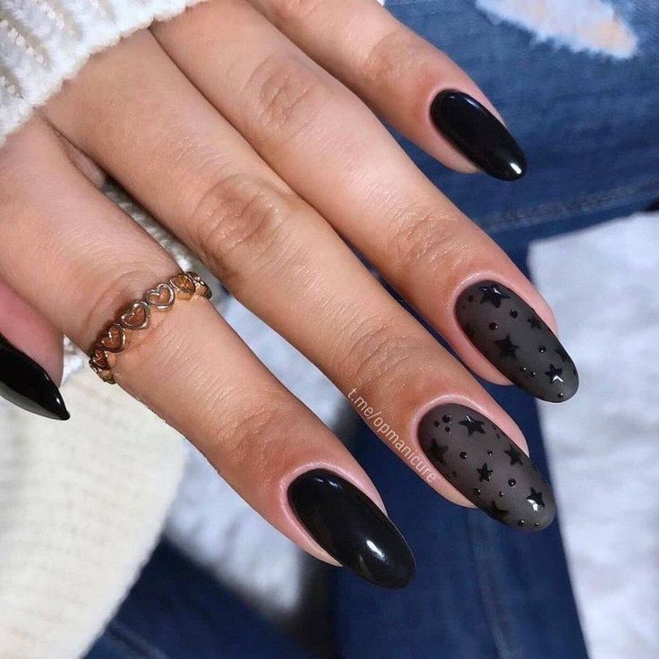 Chic Black Nail Design with Glossy, Matte, and Cosmic Accents.