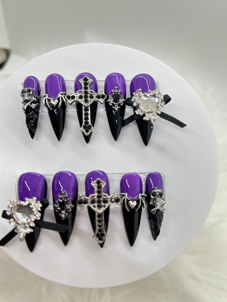 Edgy Gothic Nail Design: Deep Purple and Glossy Black with Intricate Metallic Accents