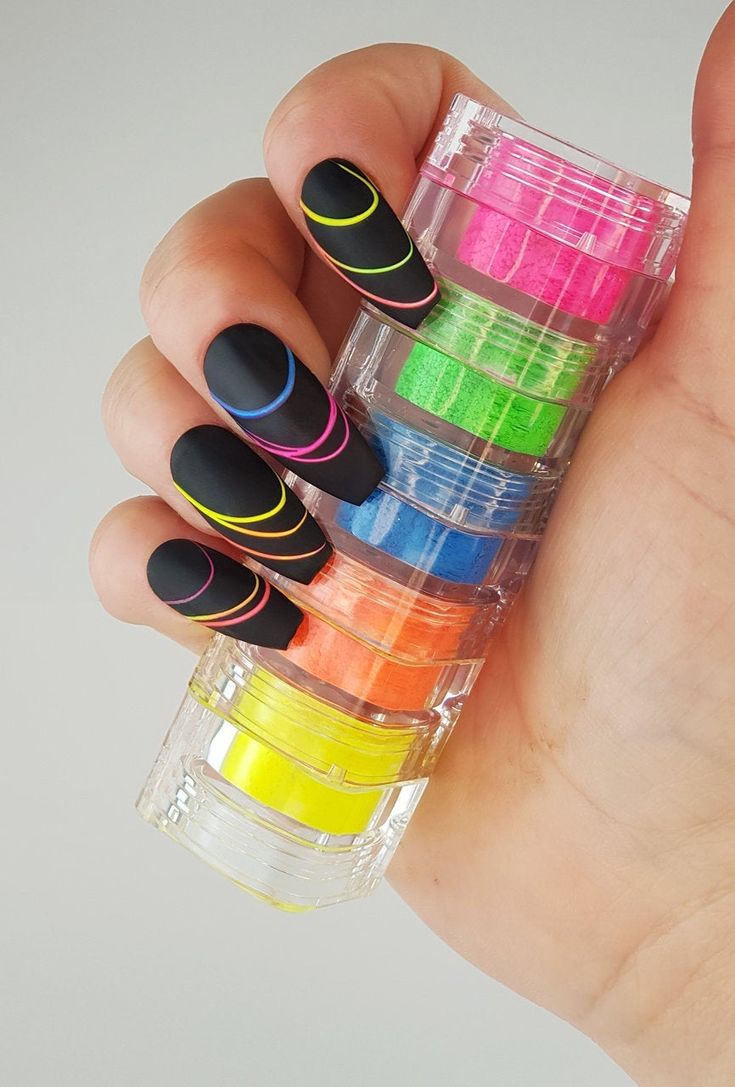 Bold Matte Nail Design with Vibrant Neon Accents and Colorful Powders.