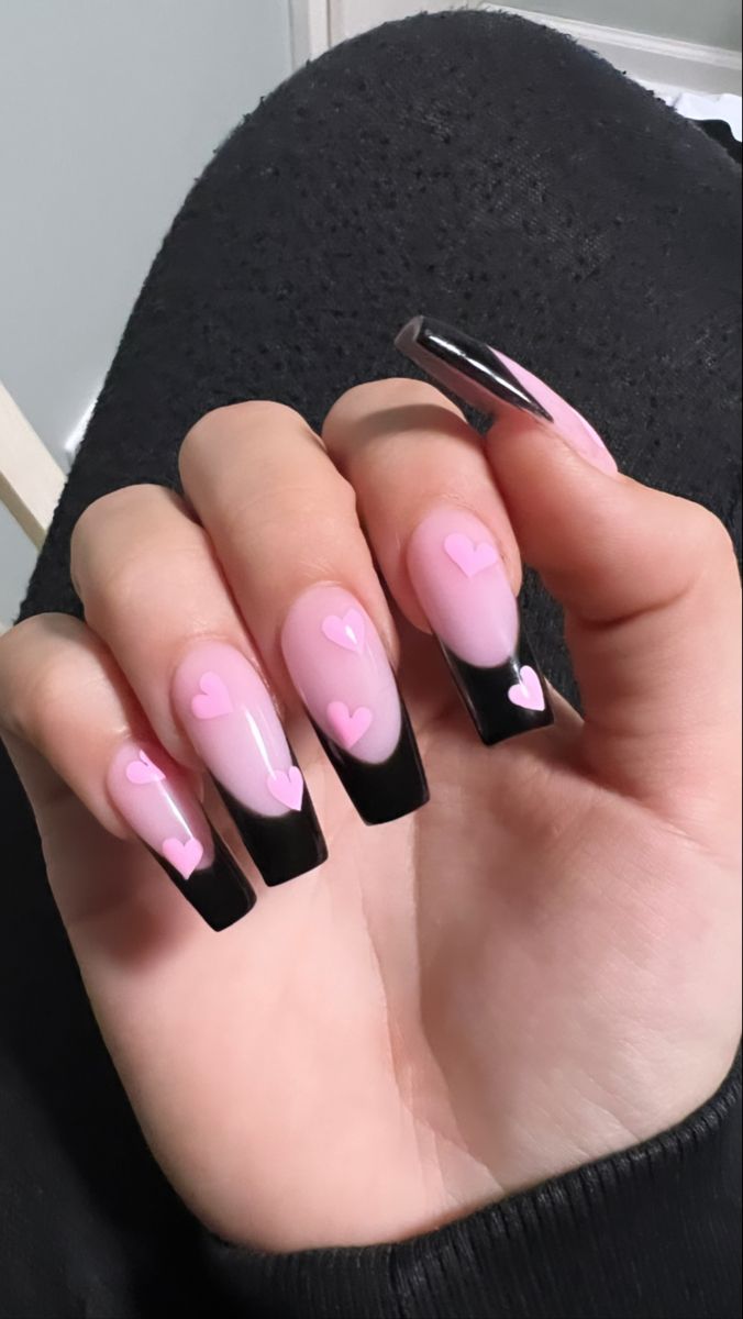 Chic Gradient Nail Design with Pink Hearts: Soft Pink to Black Transition