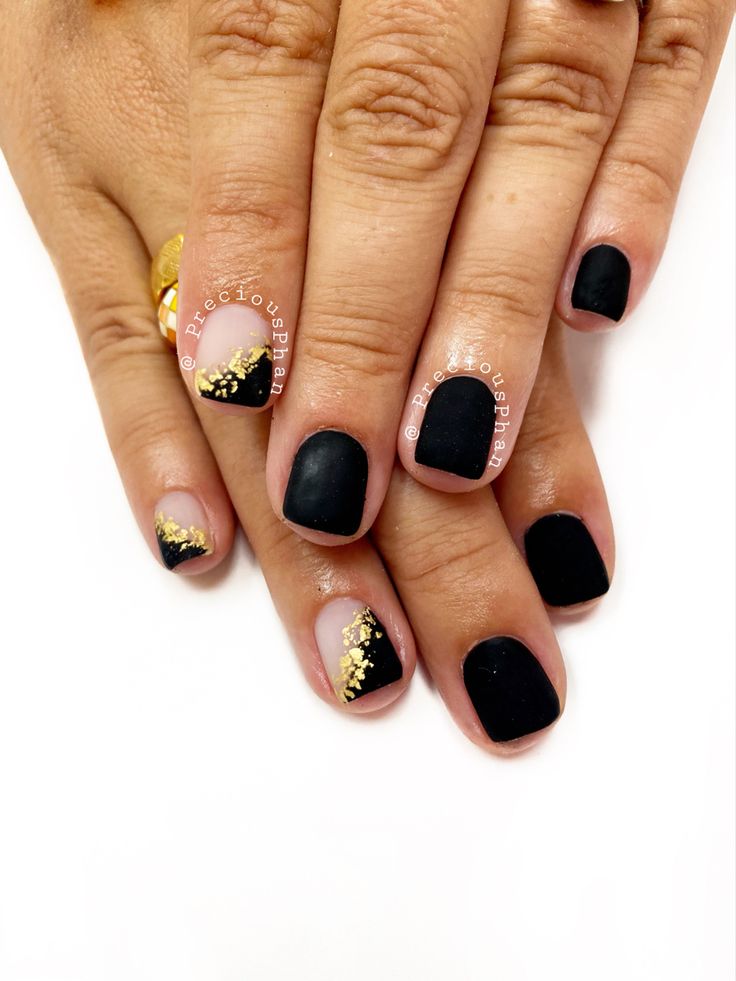 Sophisticated Matte Black and Gold Nail Design for a Chic Look.