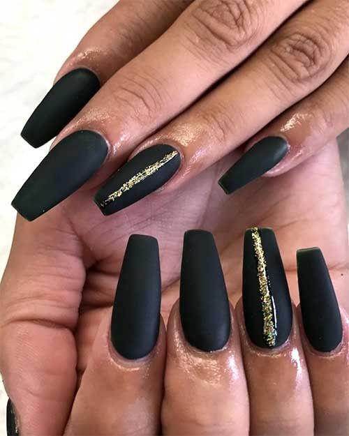 Bold Elegance: Matte Black Nails with Stunning Gold Accents