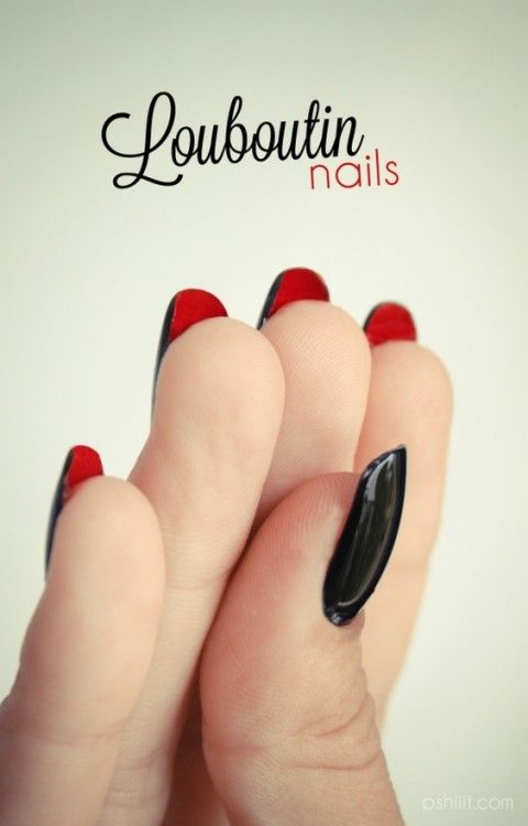 Elegant Louboutin-Inspired Nail Design with Bold Black and Red French Tips.