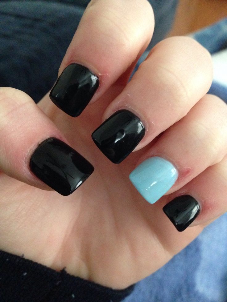 Striking Contrast: Elegant Bold Black and Soft Blue Nail Design