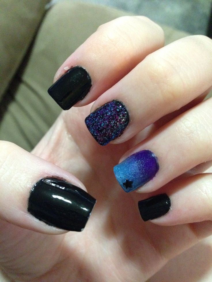 Celestial-Inspired Matte Black and Gradient Nail Design with Glamorous Glitter Accent