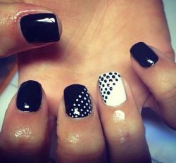 Contemporary Black and White Nail Design with Dotted Accents