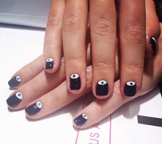 Edgy Eye Art Nail Design on Dark Base with Glossy Finish.