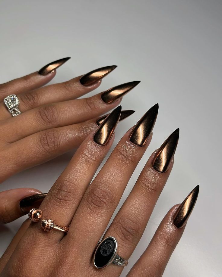 Sophisticated Stiletto Nails: A Dramatic Fusion of Glossy Black and Metallic Bronze with Delicate Rings