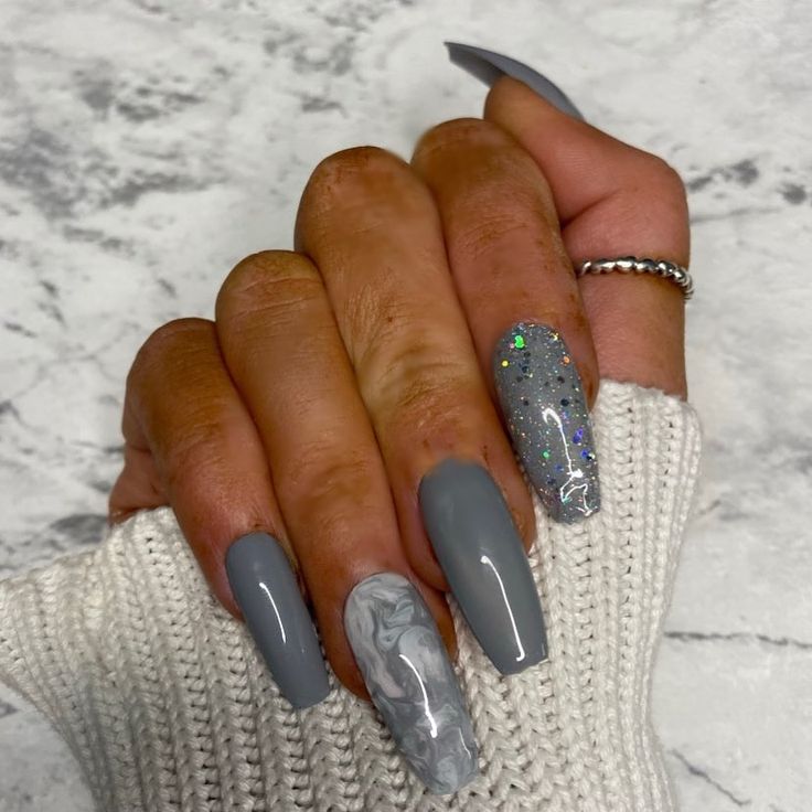 Chic Matte and Glossy Nail Design with Gray, Marble, and Glitter Accents