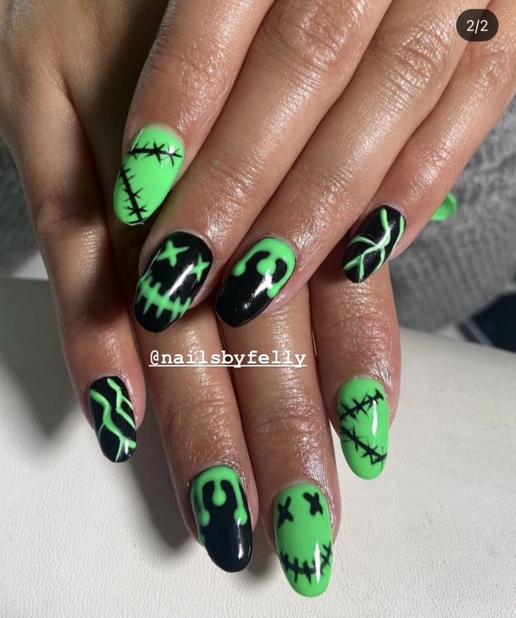 Bold Eclectic Nail Design: Black and Neon Green with Intricate Patterns and Whimsical Motifs.