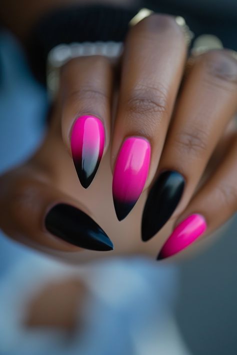 Bold Pink and Black Gradient Nail Art on Almond-Shaped Design