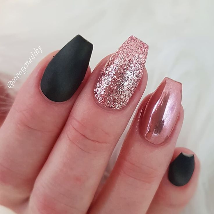 Sophisticated and Playful Elegant Nail Design with Matte Black, Glittery Rose Gold, and Metallic Shades