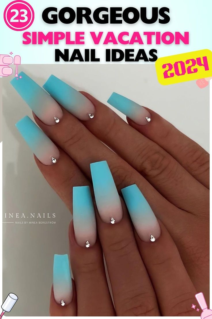 Vibrant Blue to Soft Pink Ombre Nails with Rhinestone Accents: A Chic Vacation Look.