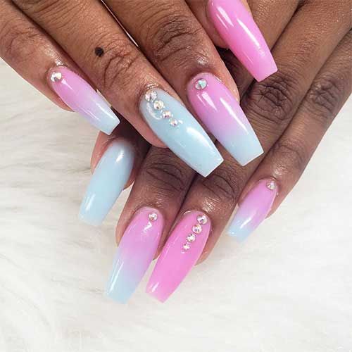 Elegant Ombre Nail Design: Pastel Pink and Blue with Sparkling Rhinestones