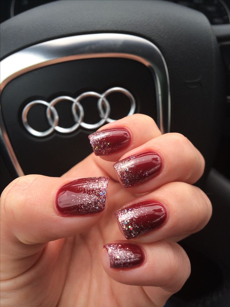 Sophisticated Burgundy Nails with Glittery Silver Ombre for Glamorous Occasions.