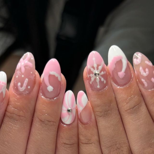 Chic Pink Nail Design: Glossy and Matte Finishes with Intricate Patterns and Rhinestones